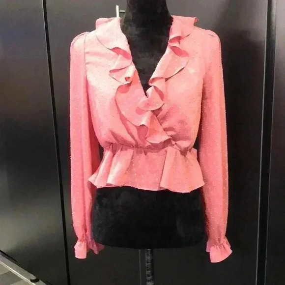 LECHE Tops - Leche Peplum Pin Dot,long sleeve,ruffle v-neck,bell sleeve,lined,light rose